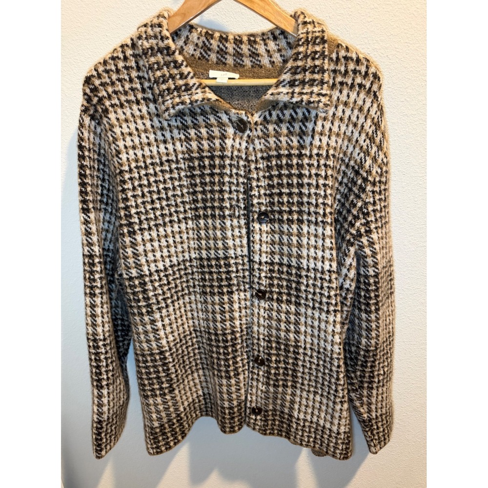 J. Jill Houndstooth Button Front Cardigan Sweater Brown Tan Large